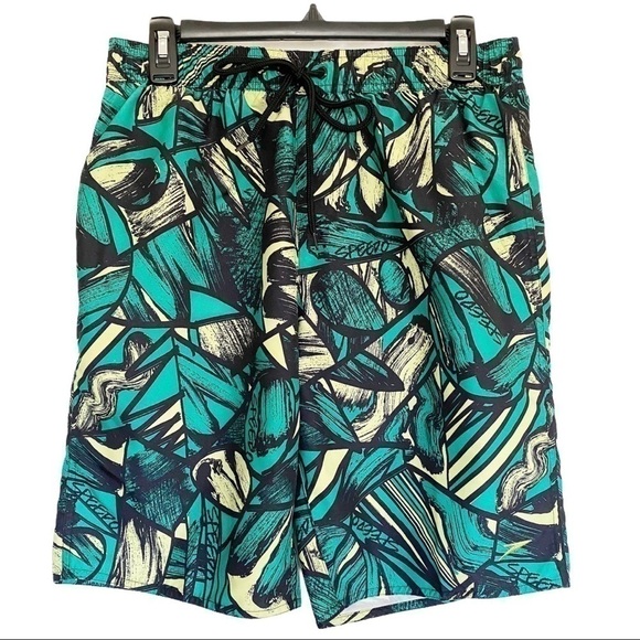 Speedo Swim Trunks Pull On Elastic Waistband Leaf Shorts 9” Green Size Medium - Picture 1 of 9